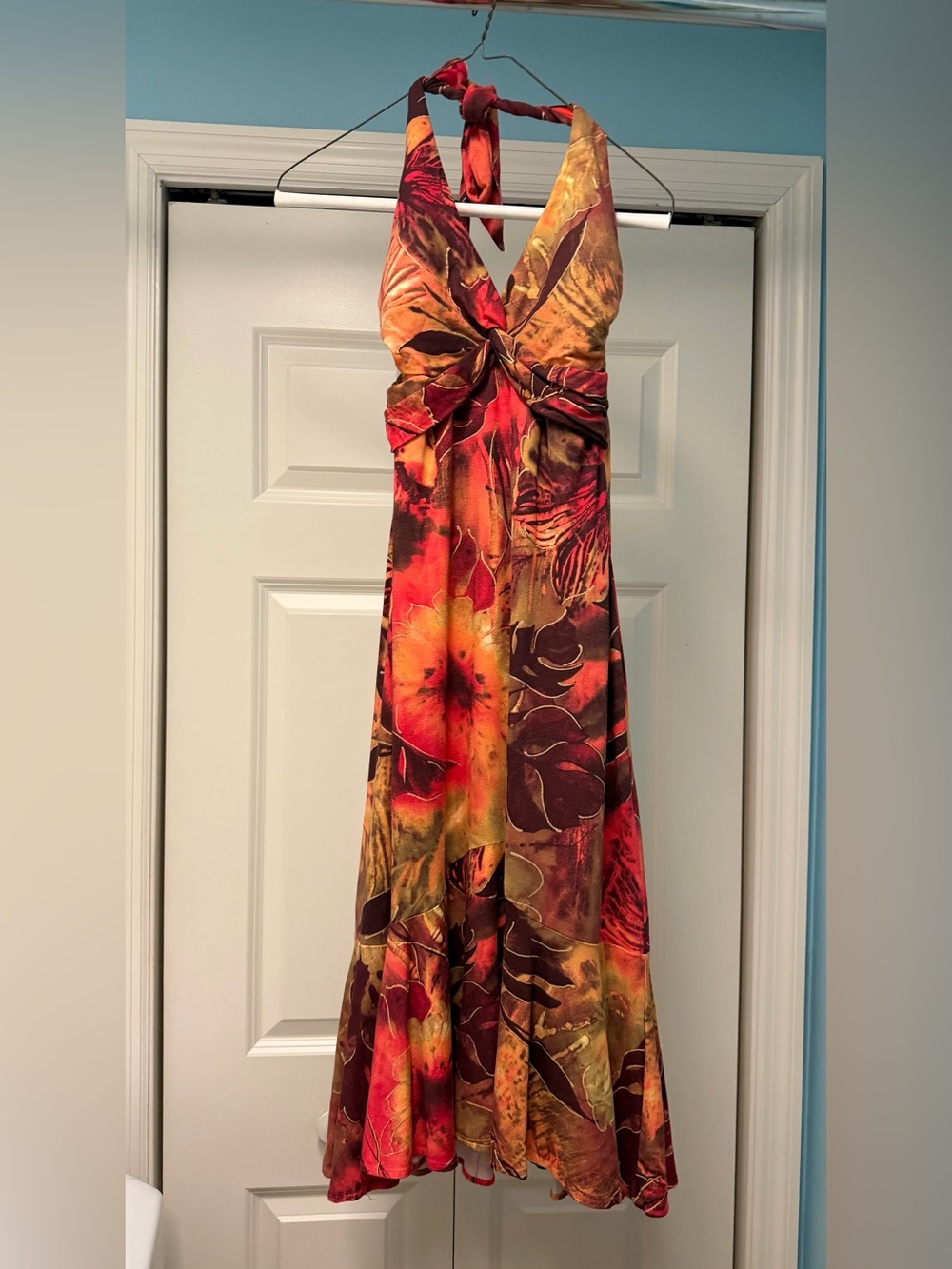 Cache Floral Halter MIDI Dress in Red and Orange